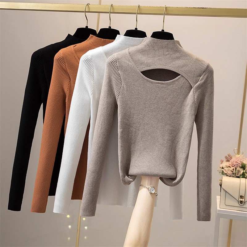 Women's Half Turtleneck Openwork Knit Base Layer Top Slim Fit Pullover Sweater