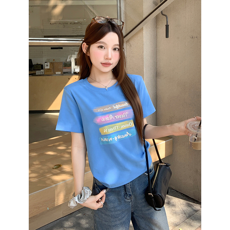 Women's Rainbow Letter Print Crew Neck Short Sleeve T-Shirt 2026 Summer Casual Loose Slimming Top