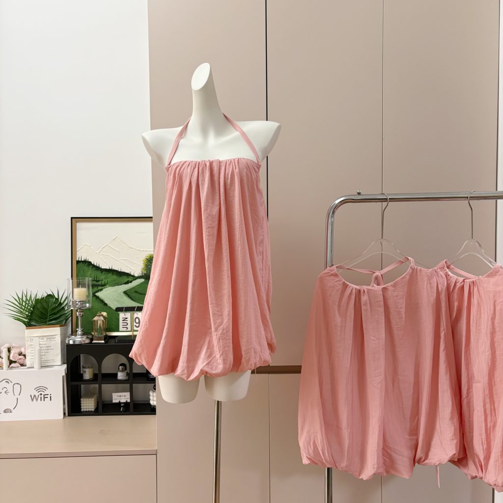 Peach Pink Knit Cami Dress Short Bubble Hem