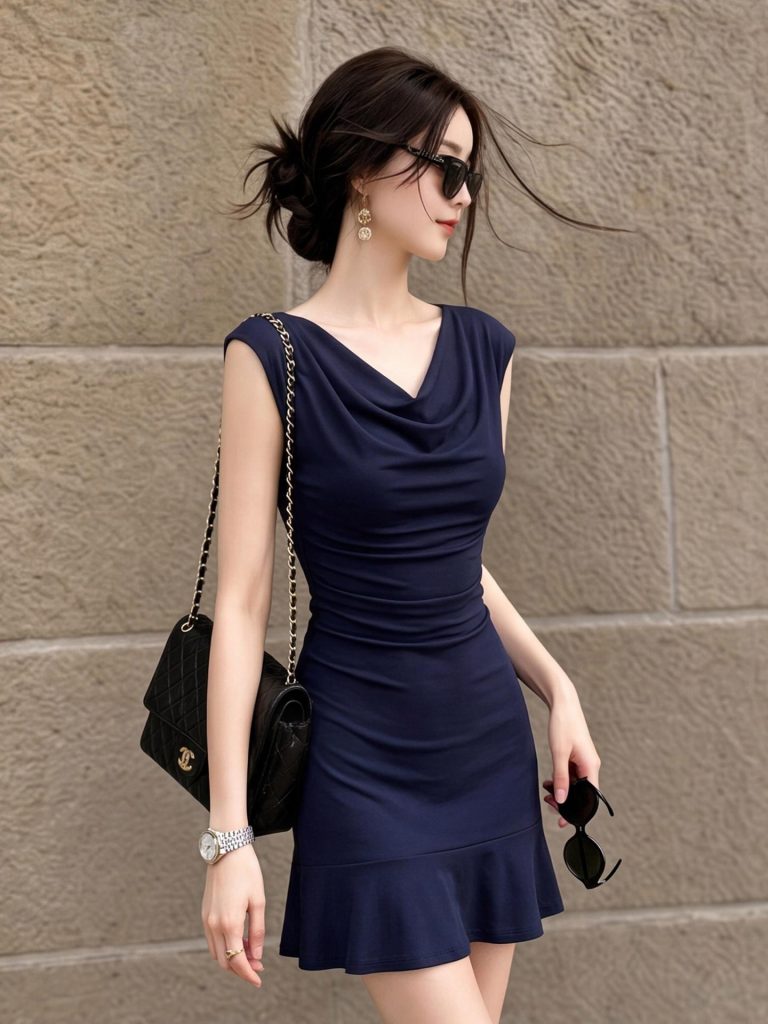 Niche Design Navy Cowl Neck Bodycon A-Line Dress with Ruffle Hem Summer New Fashion