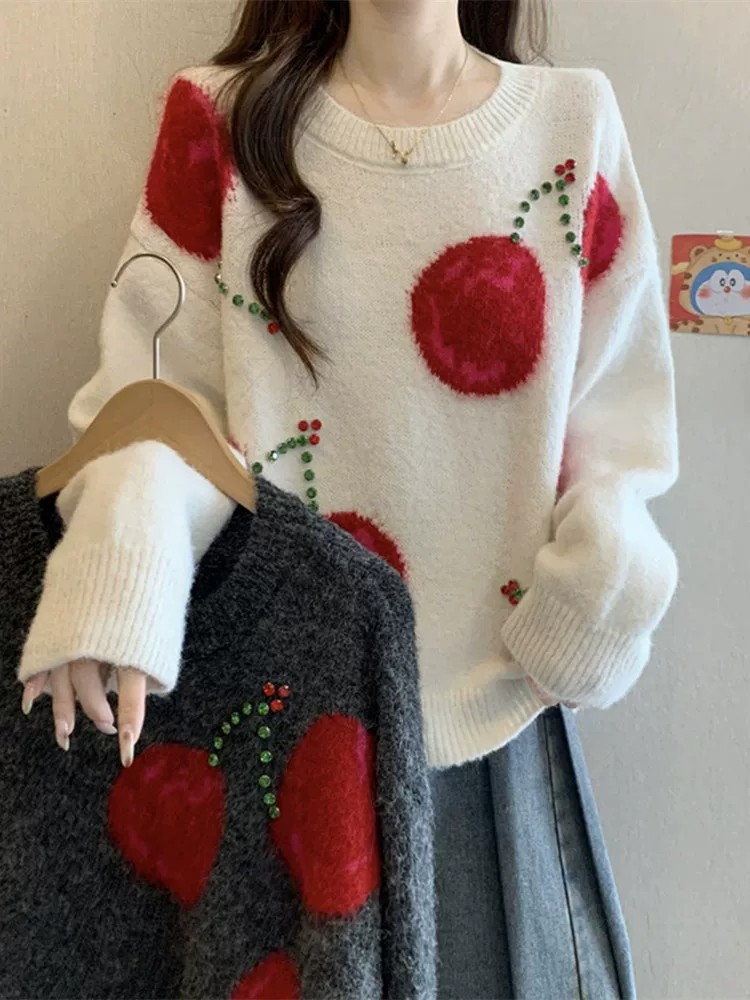 Stylish Cherry Embroidery Thick Knit Cardigan Sweater for Women