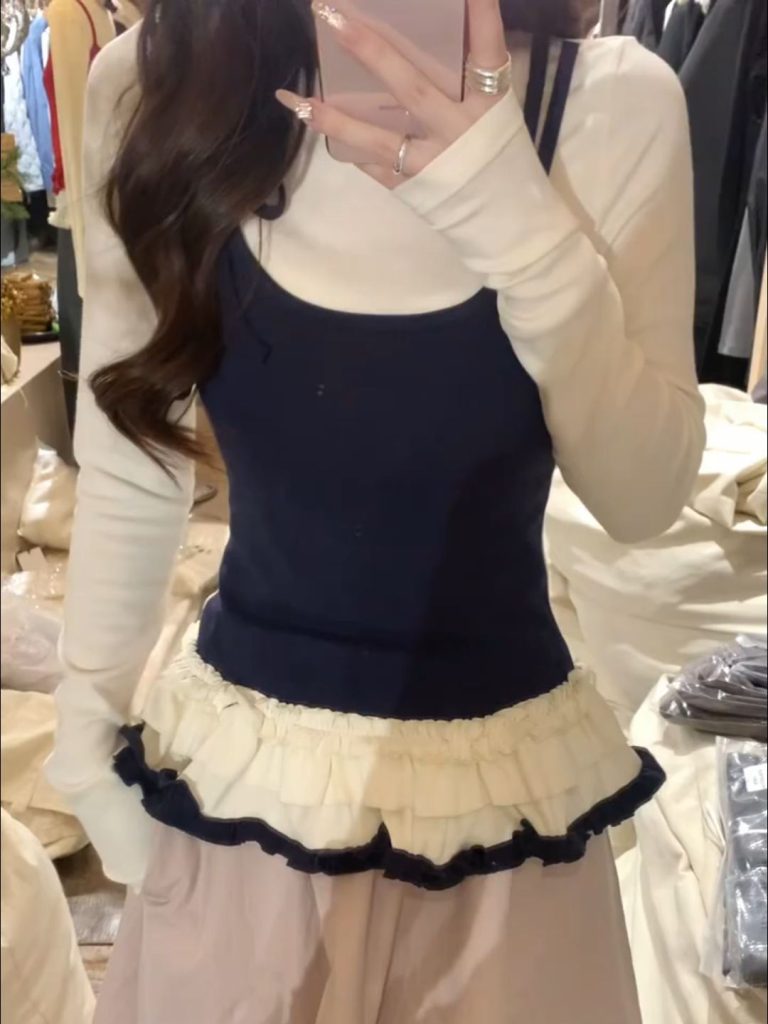 Women's Korean Style Faux Two Piece Cami Spliced T-Shirt Dress with Lace Hem