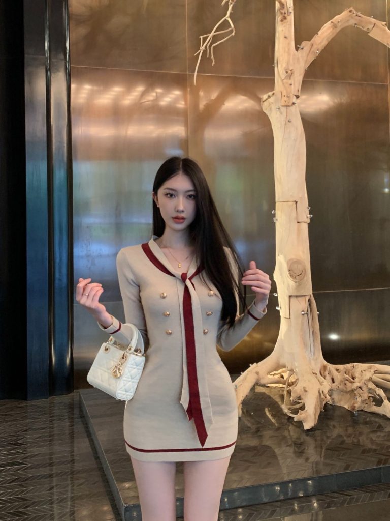 Korean Style Ribbon Long Sleeve Knit Dress Women Slim Fit Bodycon Waist Short Dress Early Autumn New